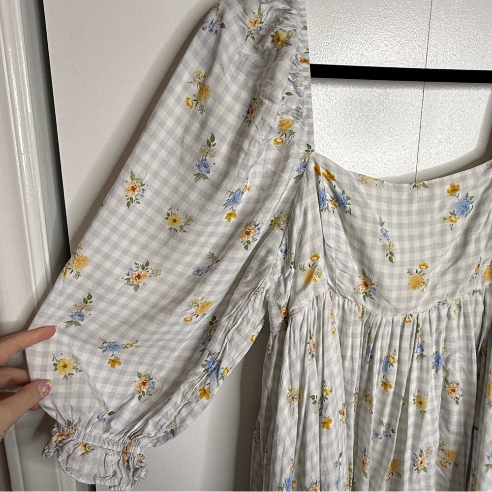 Sweet En Forme Multi Color Flowers Blue Gingham Babydoll Mini Dress Size medium - Picture 3 of 10